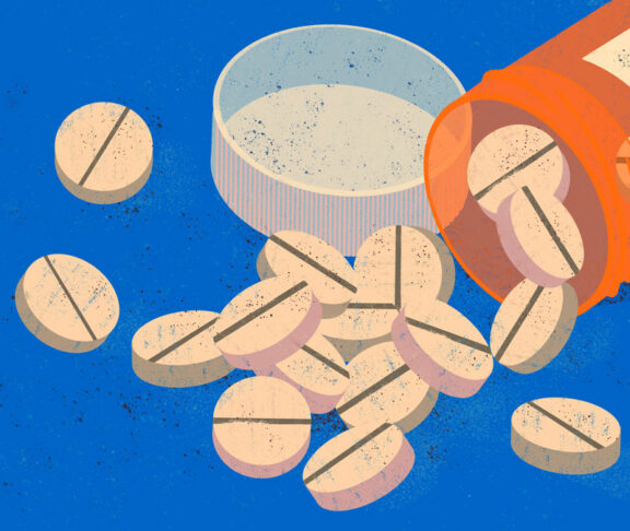 The opioid epidemic. American people deadly addiction. Orange opioid pill bottle.