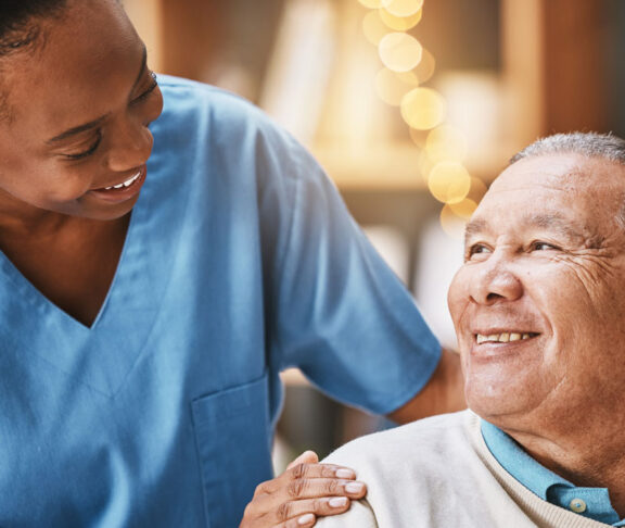 Help, support and medical with nurse and old man for retirement, rehabilitation or healing. Empathy, physical therapy and healthcare with patient and black woman in nursing home for caregiver service