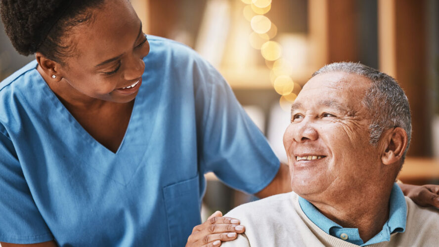 Help, support and medical with nurse and old man for retirement, rehabilitation or healing. Empathy, physical therapy and healthcare with patient and black woman in nursing home for caregiver service