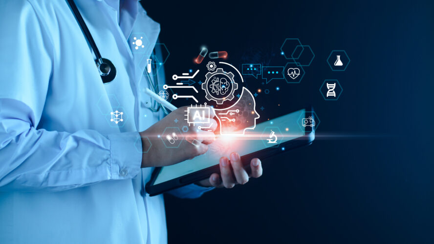 Medical technology, doctor use AI robots for diagnosis, care, and increasing accuracy patient treatment in future. Medical research and development innovation technology to improve patient health