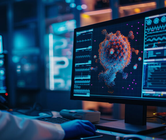 A close-up of a computer monitor in a lab displaying AI software accurately identifying diseases from patient scans with advanced algorithms highlighting the reduced diagnostic errors