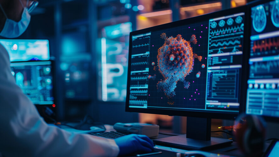 A close-up of a computer monitor in a lab displaying AI software accurately identifying diseases from patient scans with advanced algorithms highlighting the reduced diagnostic errors