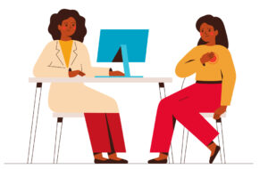Female doctor treats her patient with pain in the breast. Cardiologist checks up woman's heart. Psychologist has offline consultation with anxious girl. Vector. Cardiology and mental health concept