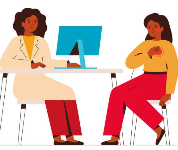 Female doctor treats her patient with pain in the breast. Cardiologist checks up woman's heart. Psychologist has offline consultation with anxious girl. Vector. Cardiology and mental health concept