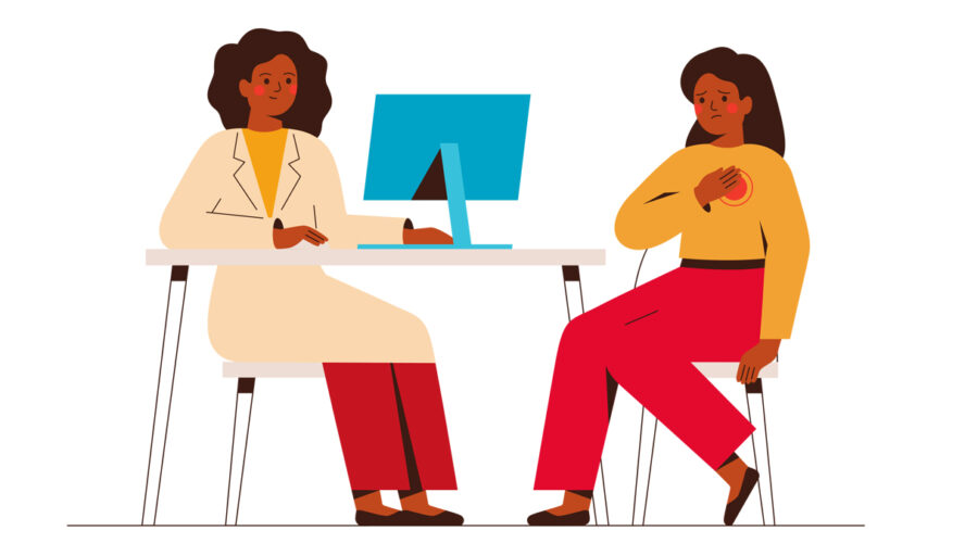 Female doctor treats her patient with pain in the breast. Cardiologist checks up woman's heart. Psychologist has offline consultation with anxious girl. Vector. Cardiology and mental health concept