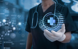 Medical technology. Doctor holding health icon with dna, electronic medical record