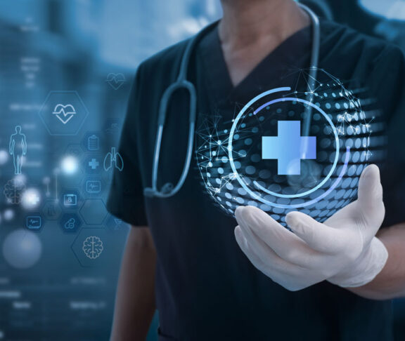 Medical technology. Doctor holding health icon with dna, electronic medical record