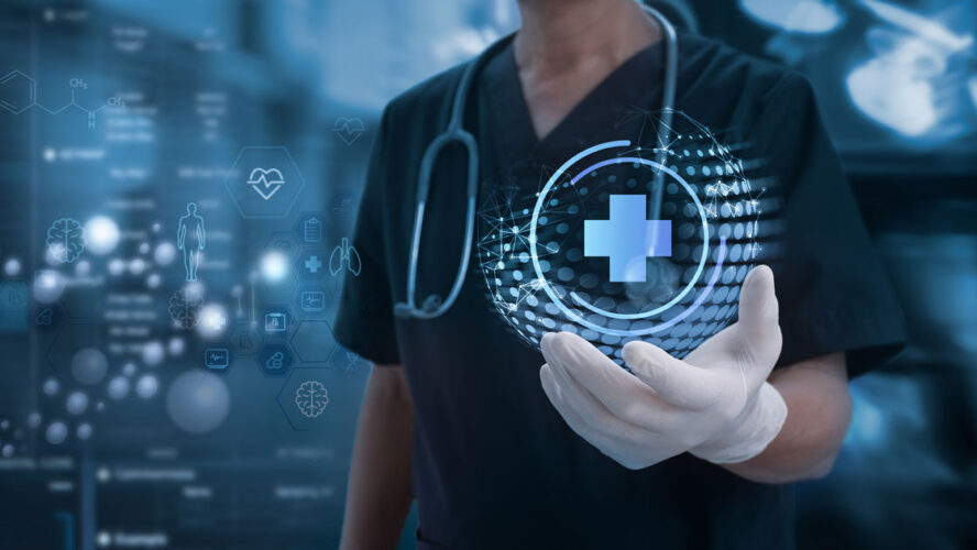 Medical technology. Doctor holding health icon with dna, electronic medical record