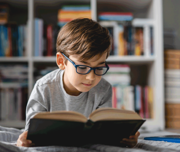 One caucasian boy lying on the floor at home in day reading a book front view wearing eyeglasses copy space real people