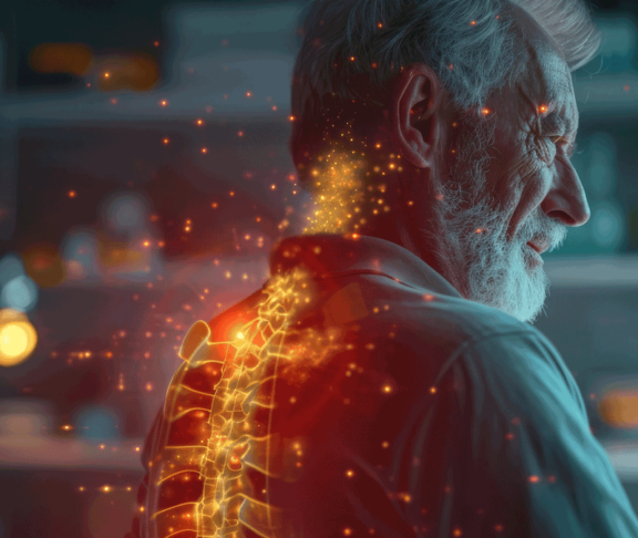 Back pain visualized in augmented reality, old man suffering from crippling back pain, chronic pain visualized as red lines shooting out of the spine