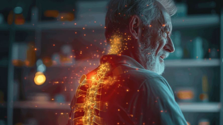 Back pain visualized in augmented reality, old man suffering from crippling back pain, chronic pain visualized as red lines shooting out of the spine