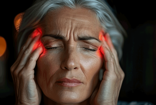 Middle-aged woman massaging her temples, red showing migraine pain