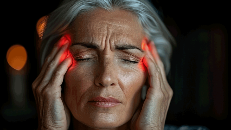 Middle-aged woman massaging her temples, red showing migraine pain