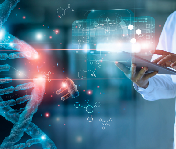 Doctor using tablet and check with analysis chromosome DNA genetic of human on virtual interface