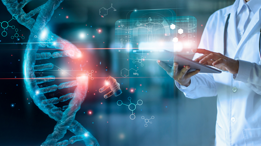 Doctor using tablet and check with analysis chromosome DNA genetic of human on virtual interface
