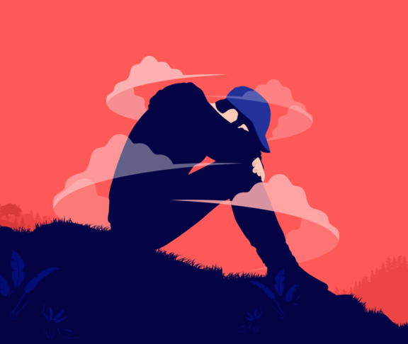 Depressed young male person sitting outdoors alone suffering from mental health problems. Vector illustration