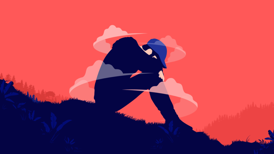 Depressed young male person sitting outdoors alone suffering from mental health problems. Vector illustration