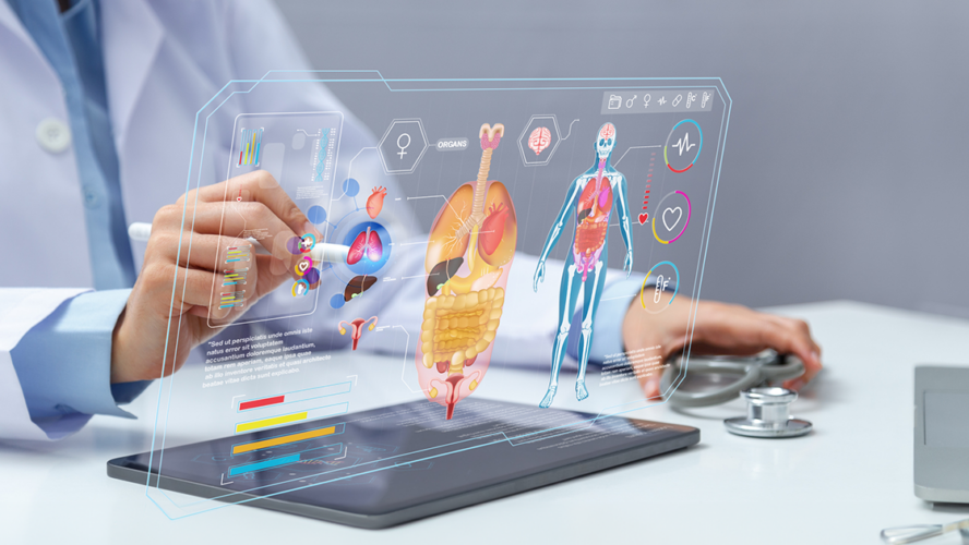 Doctor analyzes lungs on virtual screen